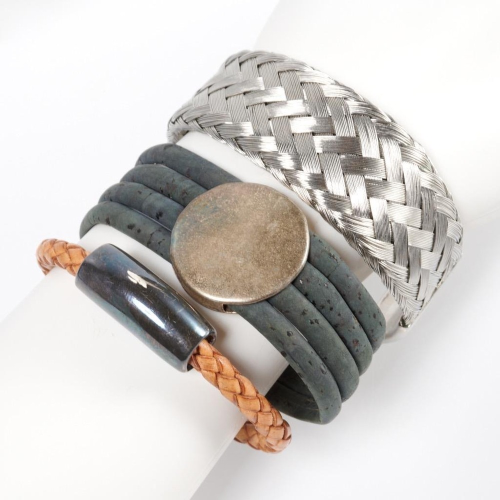 Mens Vtg Magnetic Silver Braided Wire Leather Cuff Bracelet 3pc Lot